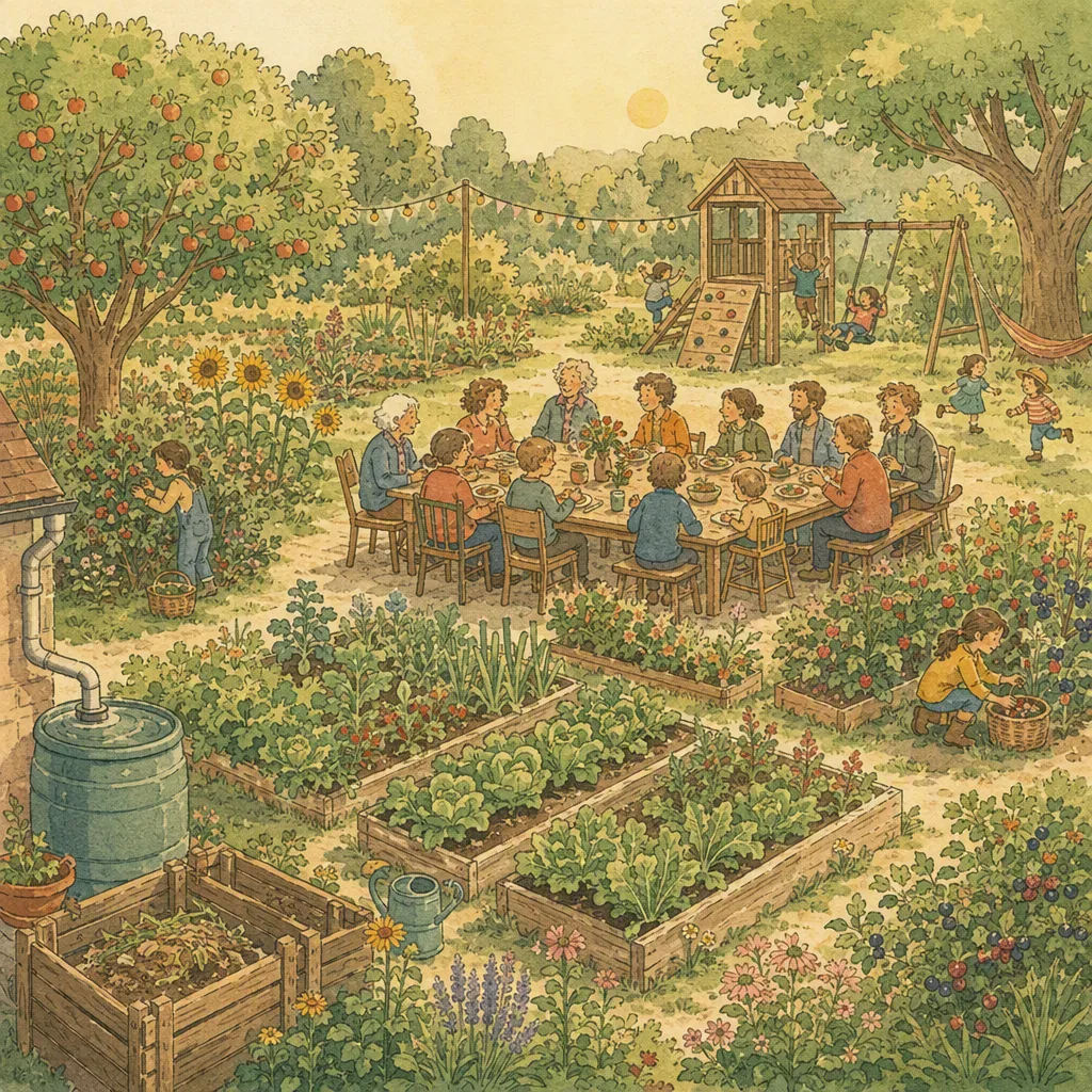 Illustration Permakultur-Garten: Hochbeete, Obstbäume, ein langer Tisch mit mehreren Generationen, spielende Kinder, Kompost und Regentonne