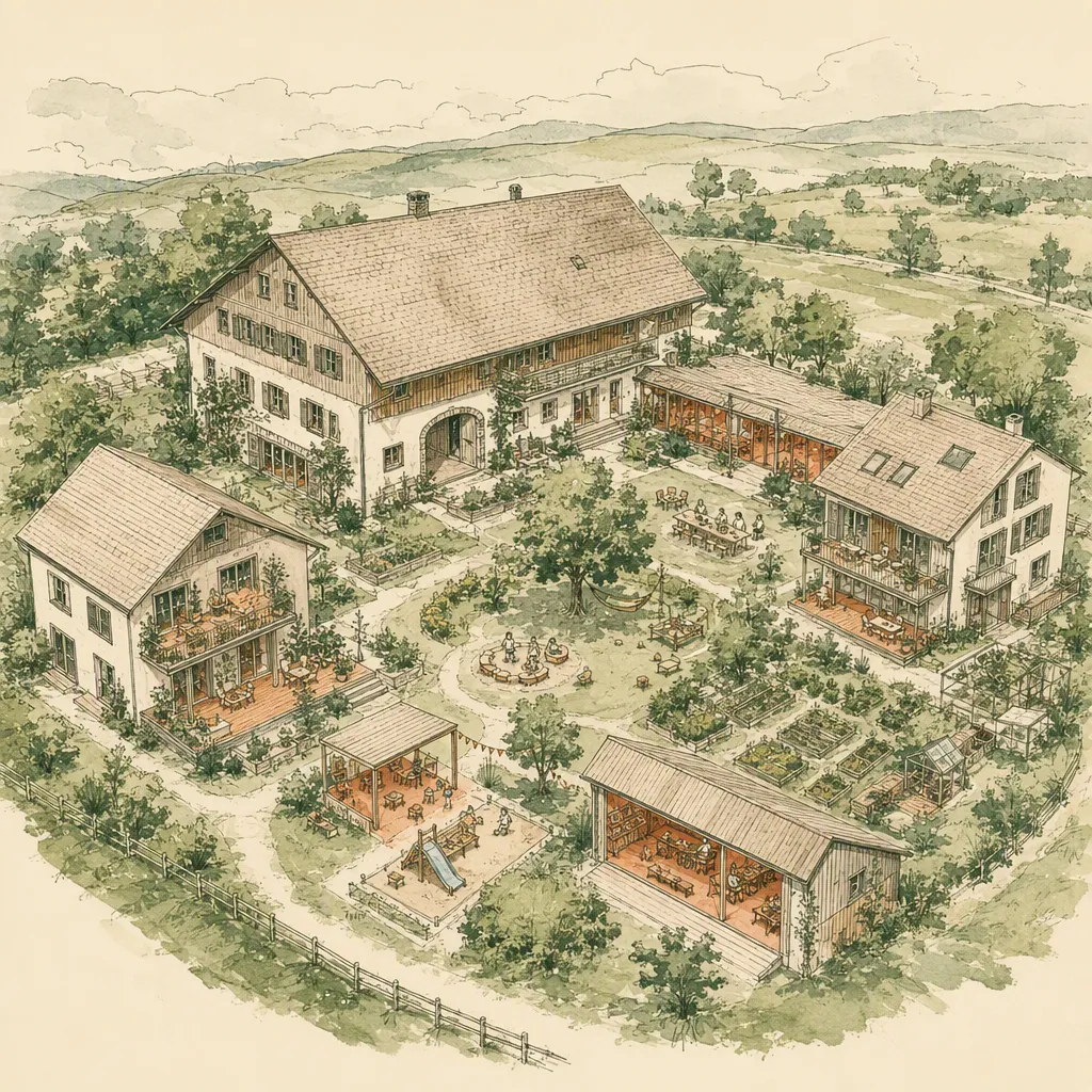Illustration der Liegenschaft: Hofensemble mit mehreren Wohnhäusern, Gemeinschaftsräumen, Spielplatz und grossem Garten aus der Vogelperspektive